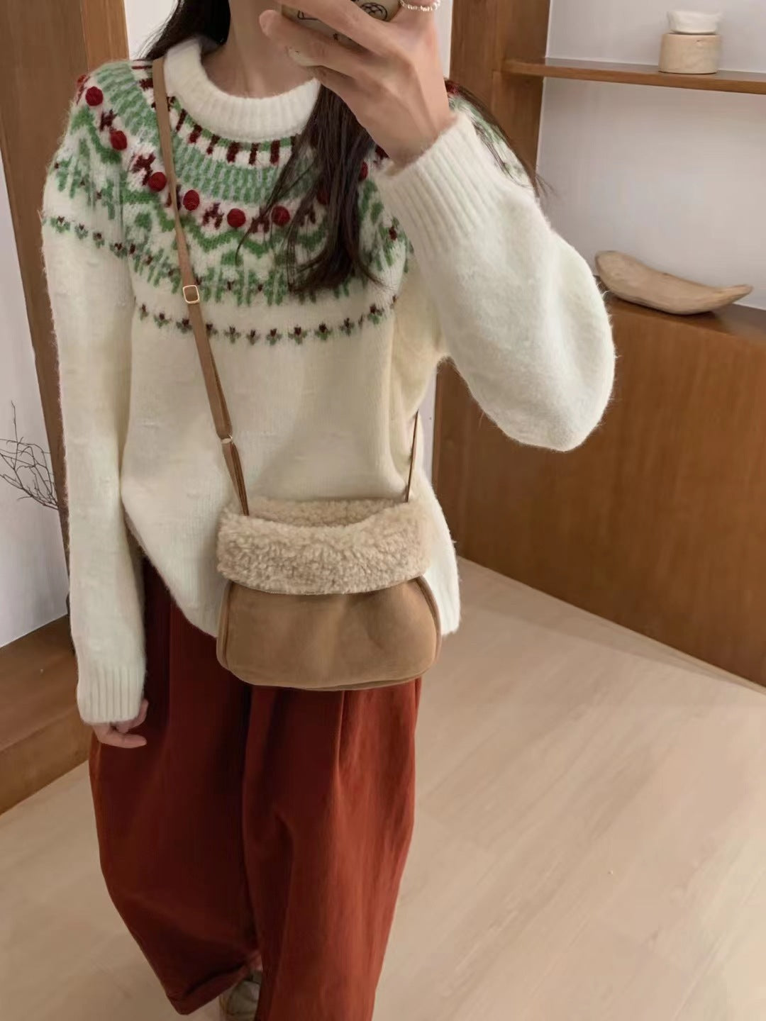 Red Christmas Style Sweater Women's Retro Contrast Color Round Neck Loose