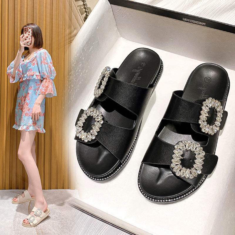 Women's Thick Bottom Rhinestone Square Buckle Toe Slippers