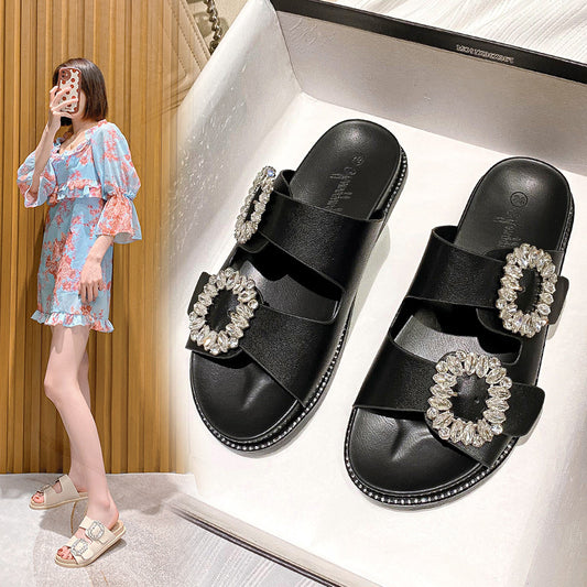 Women's Thick Bottom Rhinestone Square Buckle Toe Slippers