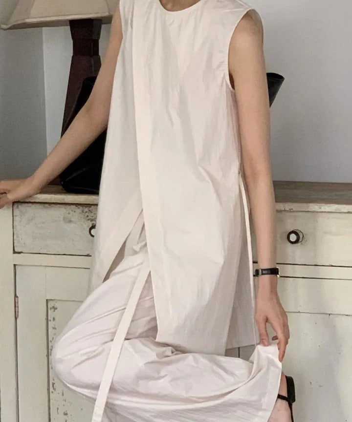Split Sleeveless Lace-up Top High Waist Wide Leg Pants Two-piece Set