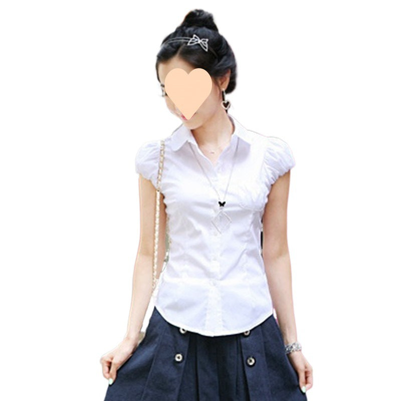Women's Puff Sleeve Short Sleeve White Professional Slim Fit Shirt