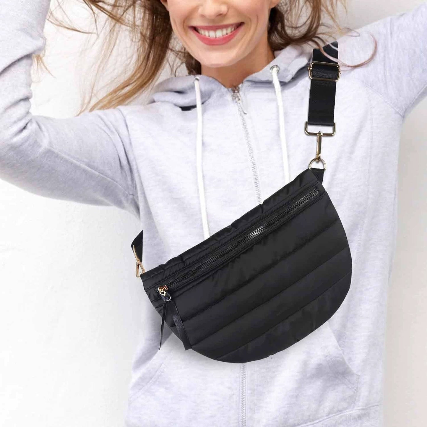 Womens Casual Quilted Solid-Color Down Waist Bag Shoulder Bag