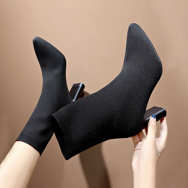 Short Tube Stretch Yarn Pointed High Heels