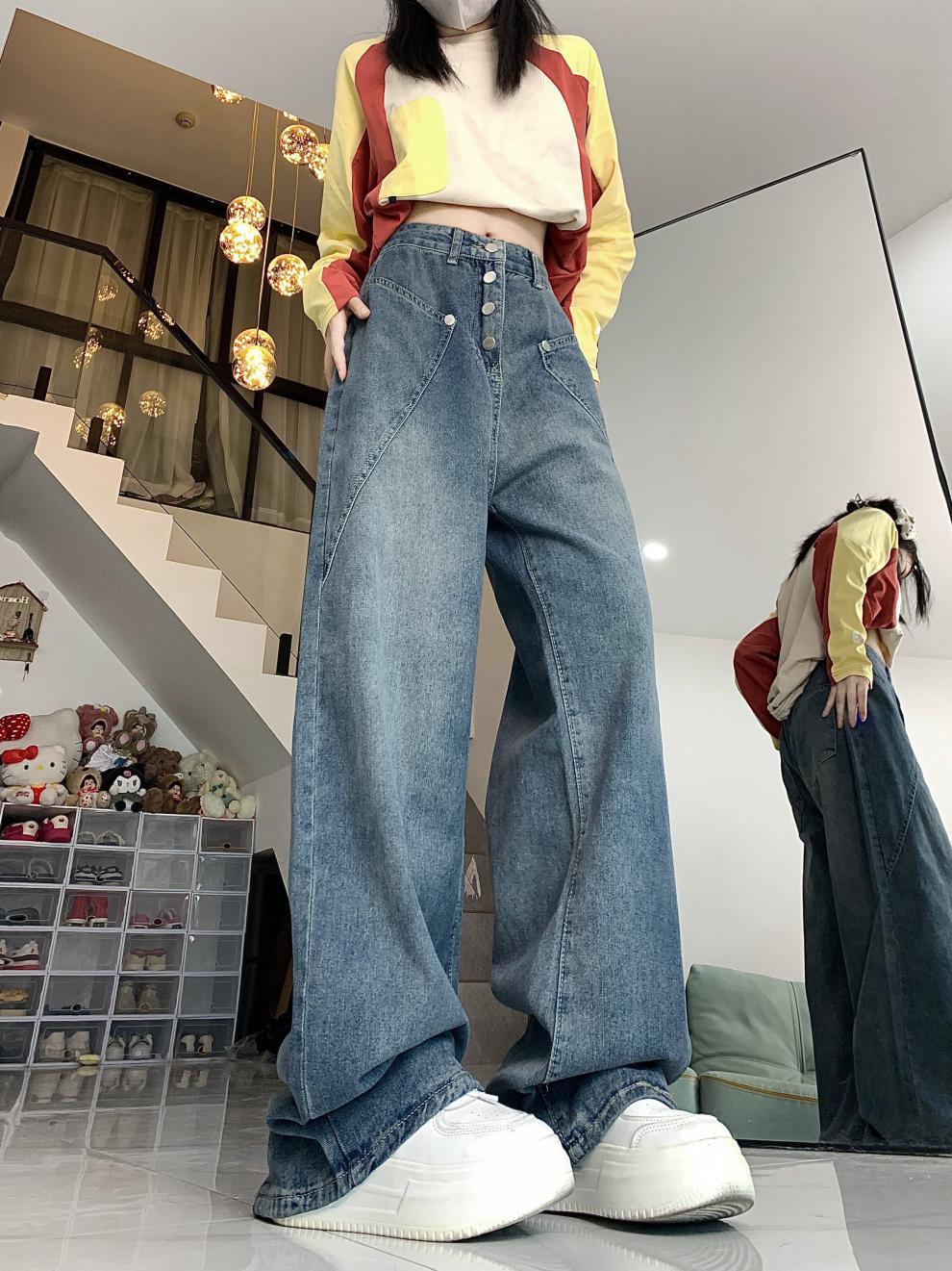 Retro Washed Worn Jeans Slimming And Straight Bootleg Pants