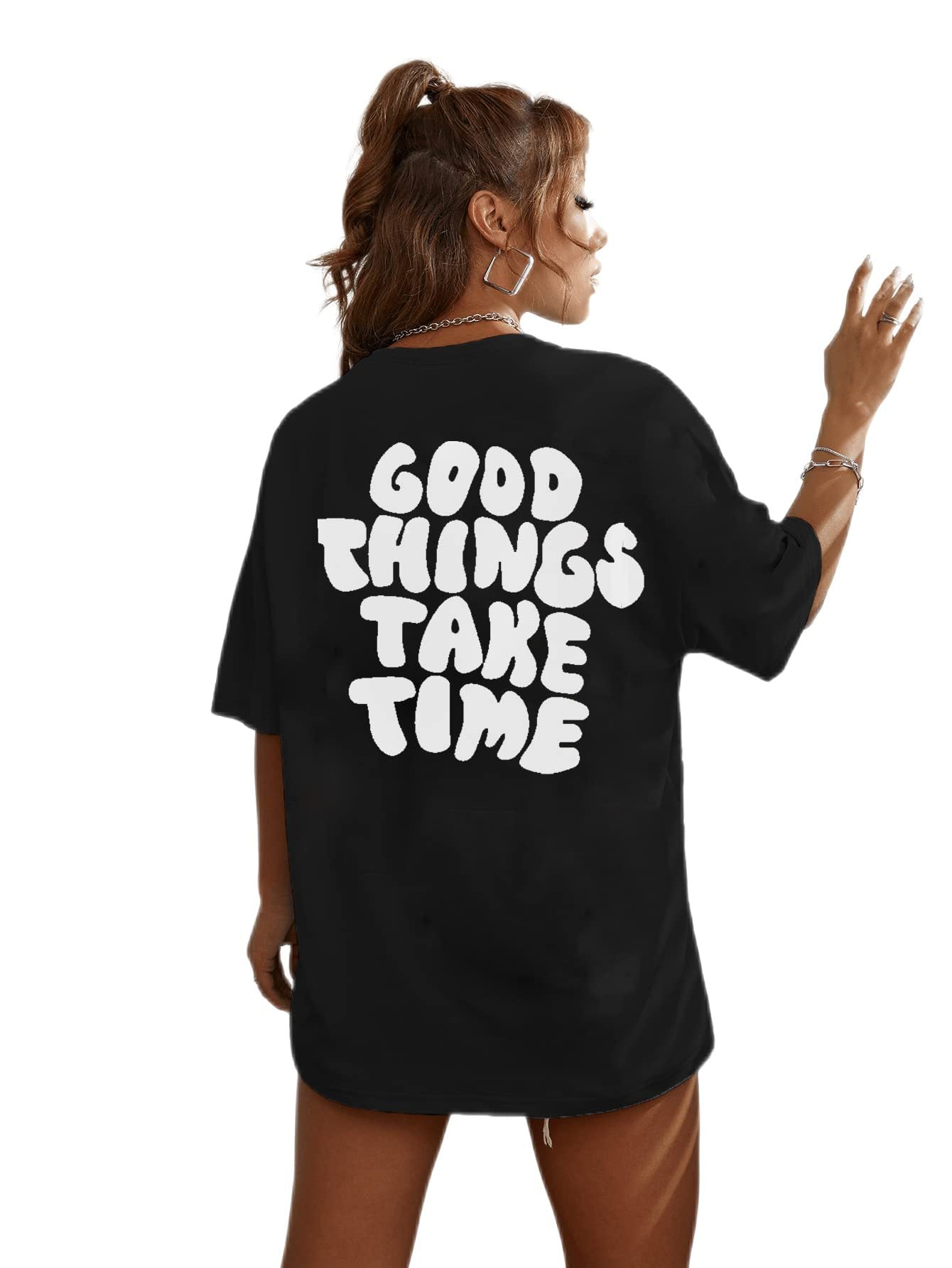 Dame T-shirt med tryk, rund hals og løse korte ærmer