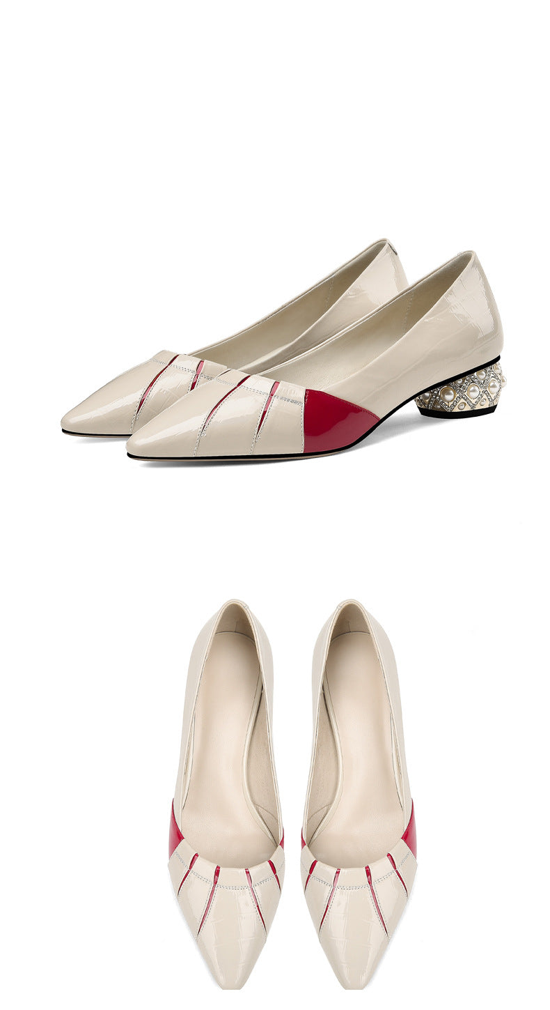 Pointed Toe Rhinestone Leather Single Shoes