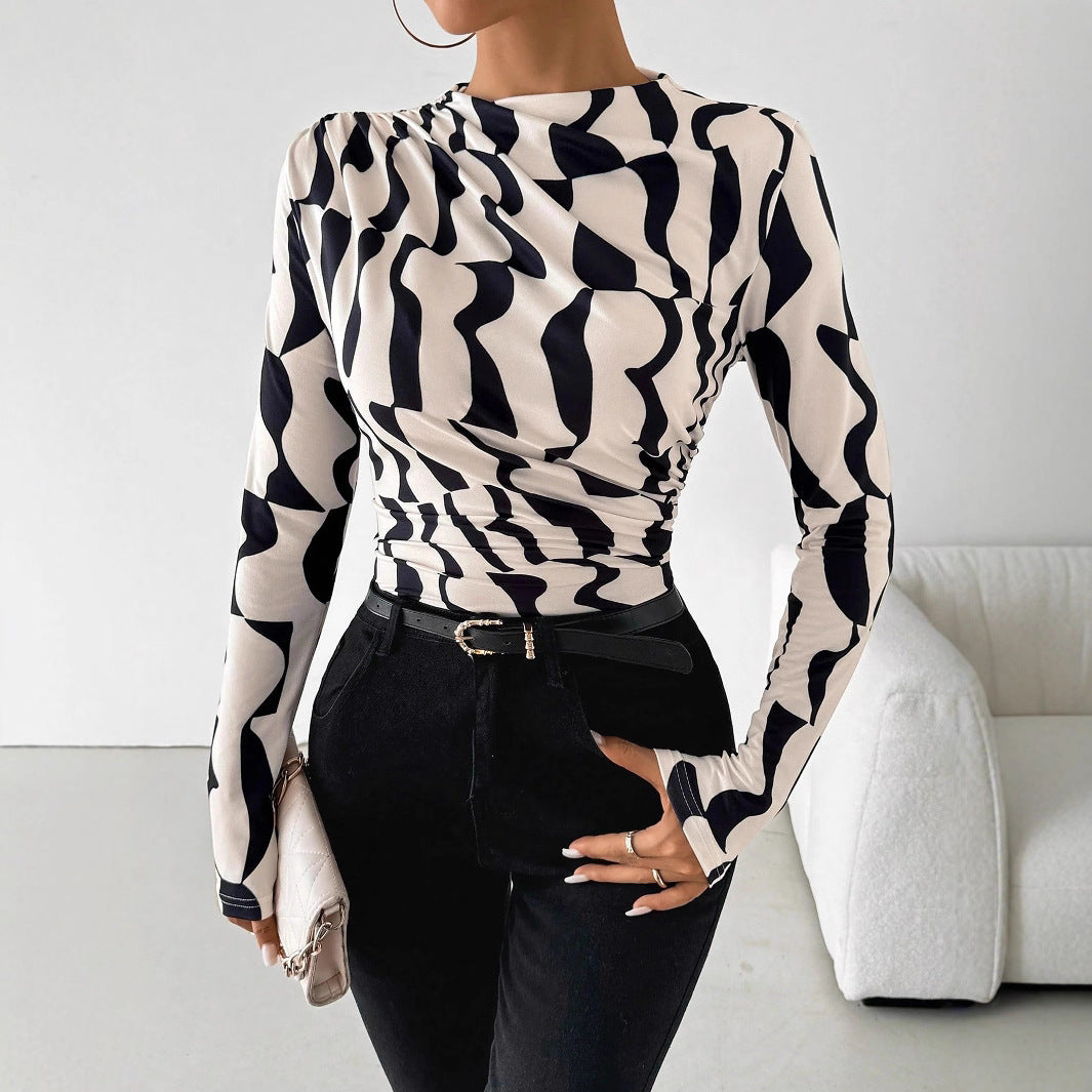 European And American Small Stand Collar Pleated Edge Printing Slim Fit Slimming Top Women