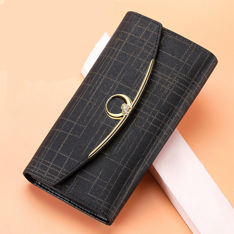 Damepung Læder Tri-fold Pung Lang Pung Stor Kapacitet Clutch