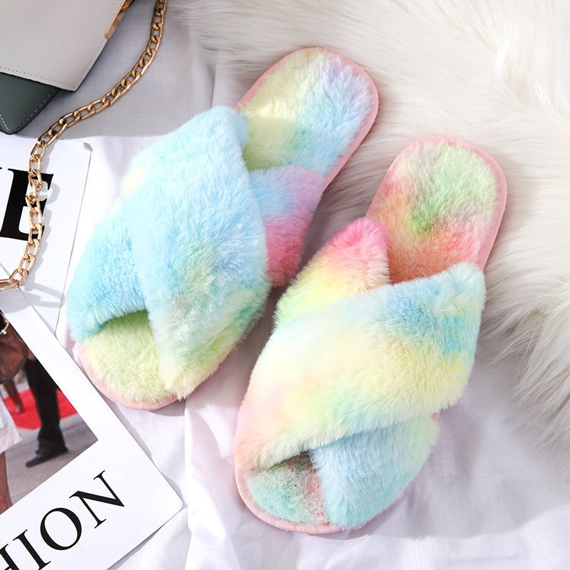 Winter Plush Slippers Women Cross Hair Outer Wear