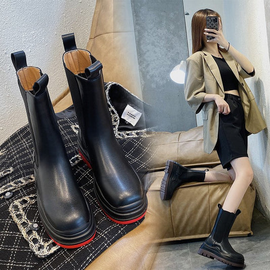 Women's Casual Shoes With Thick Soled And High Rise Leather Boots
