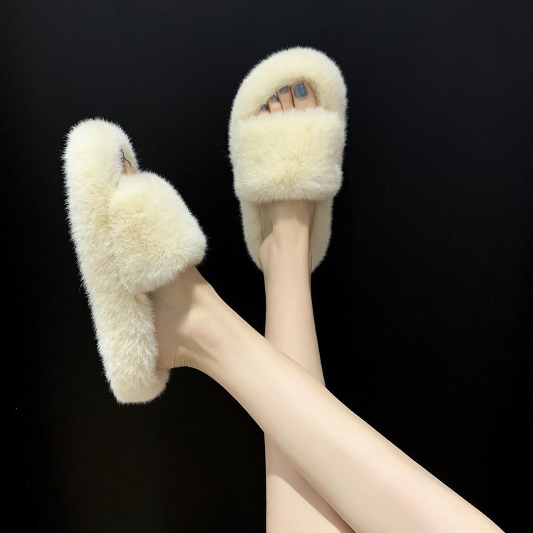 Ladies Fur Slippers Light Board Solid Color Home Shoes Women Shoes