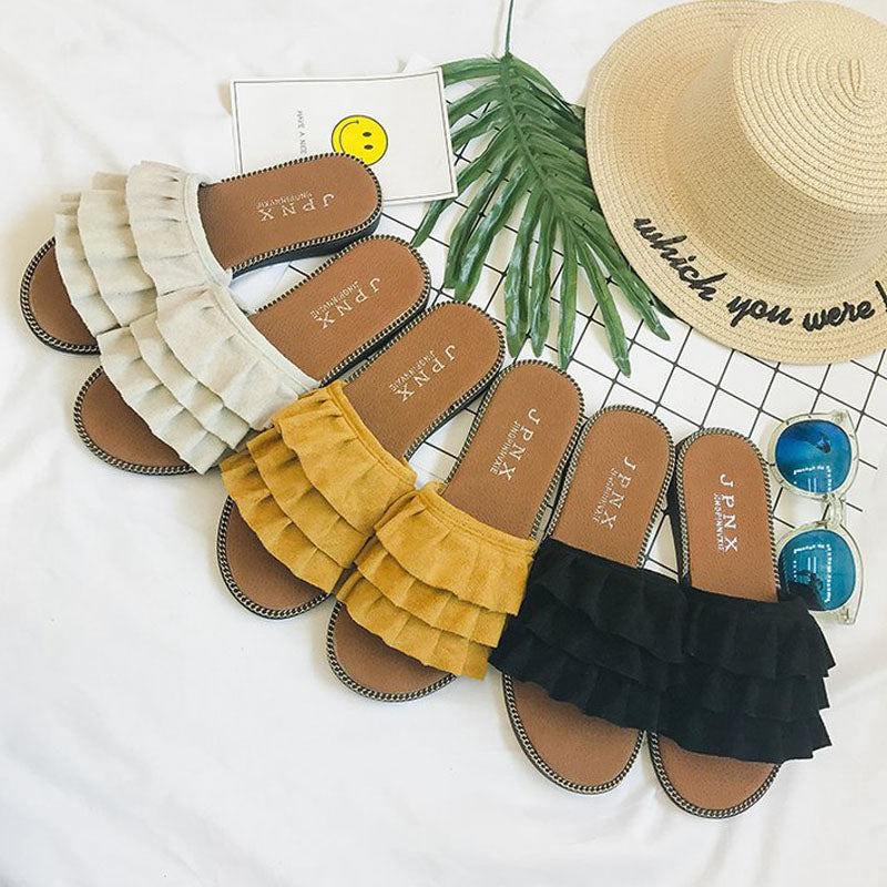 Fashion Women's Ruffled Flat Slippers Wear Flip-Flops Outside