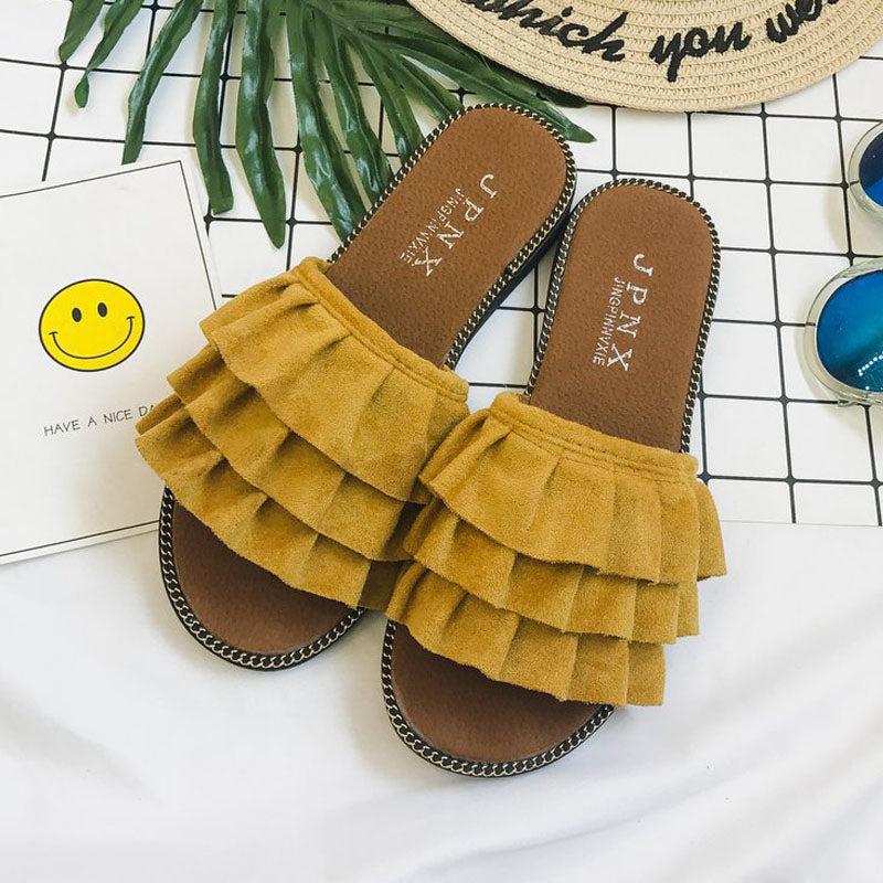 Fashion Women's Ruffled Flat Slippers Wear Flip-Flops Outside