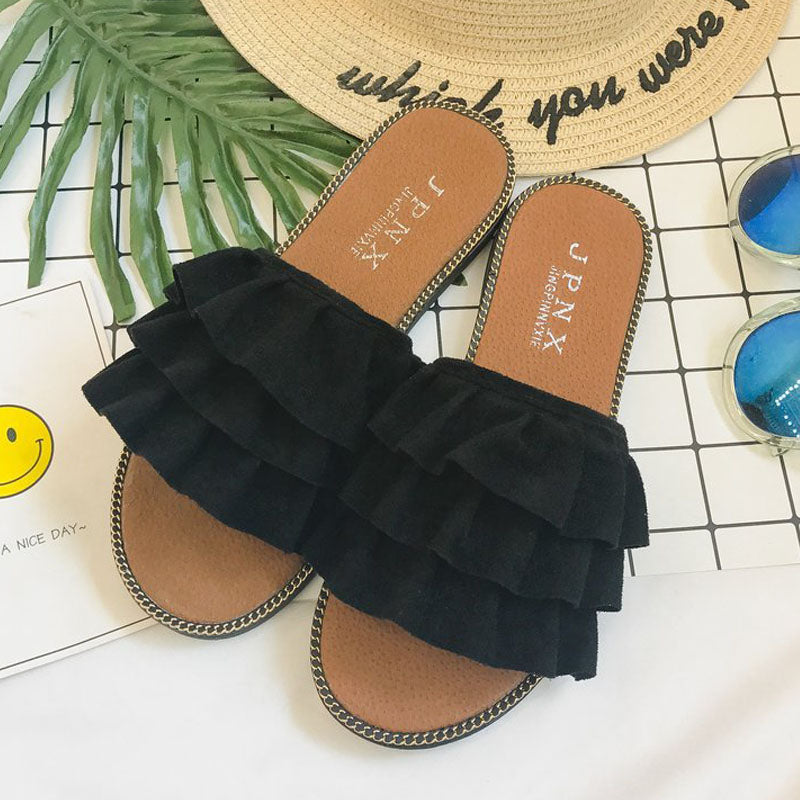Fashion Women's Ruffled Flat Slippers Wear Flip-Flops Outside