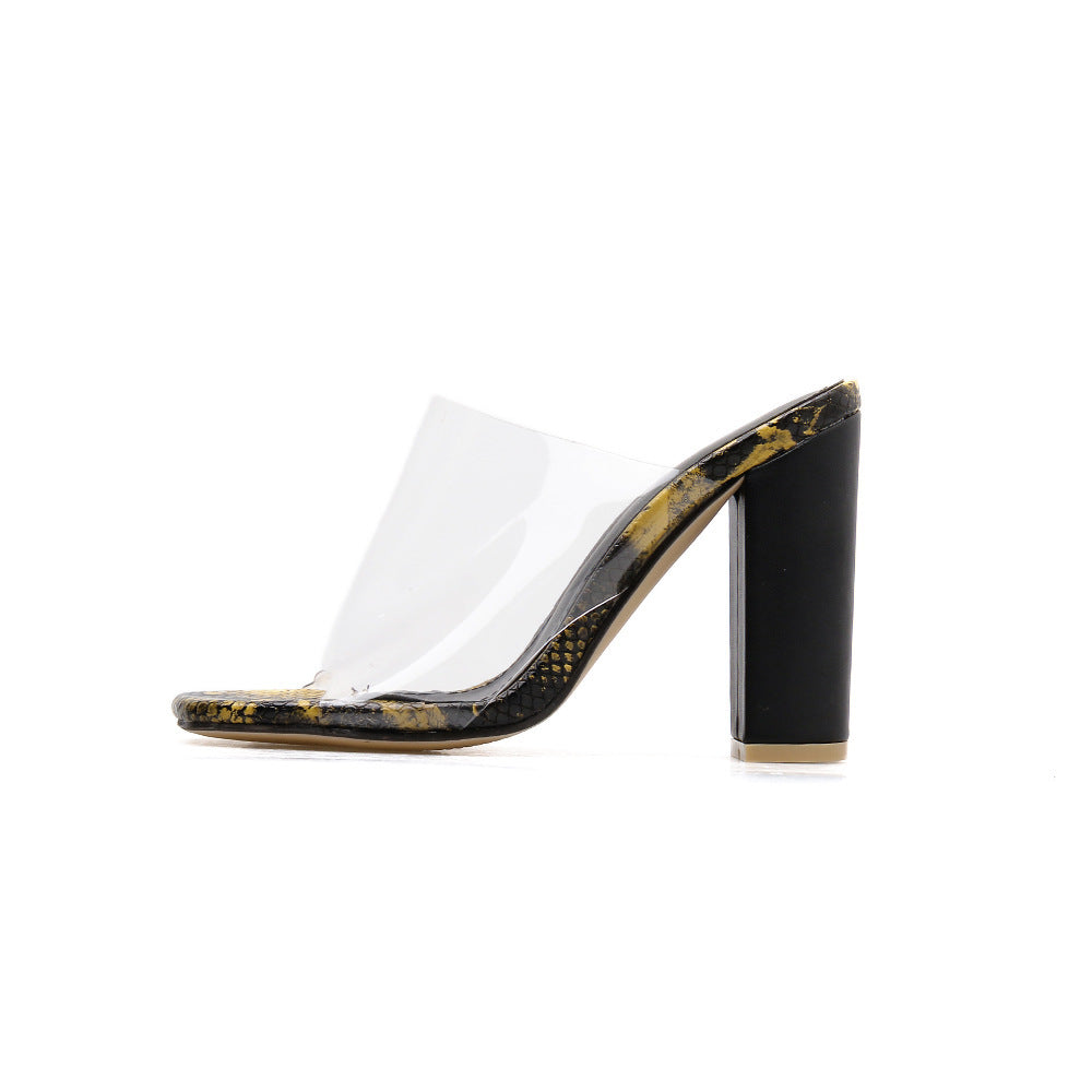 Square Toe Color Block Toe Snake Print Thick Super High Heel Sandals And Slippers