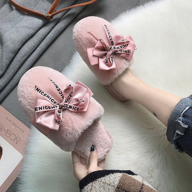 Bowknot Plush Indoor And Outdoor Cotton Slippers