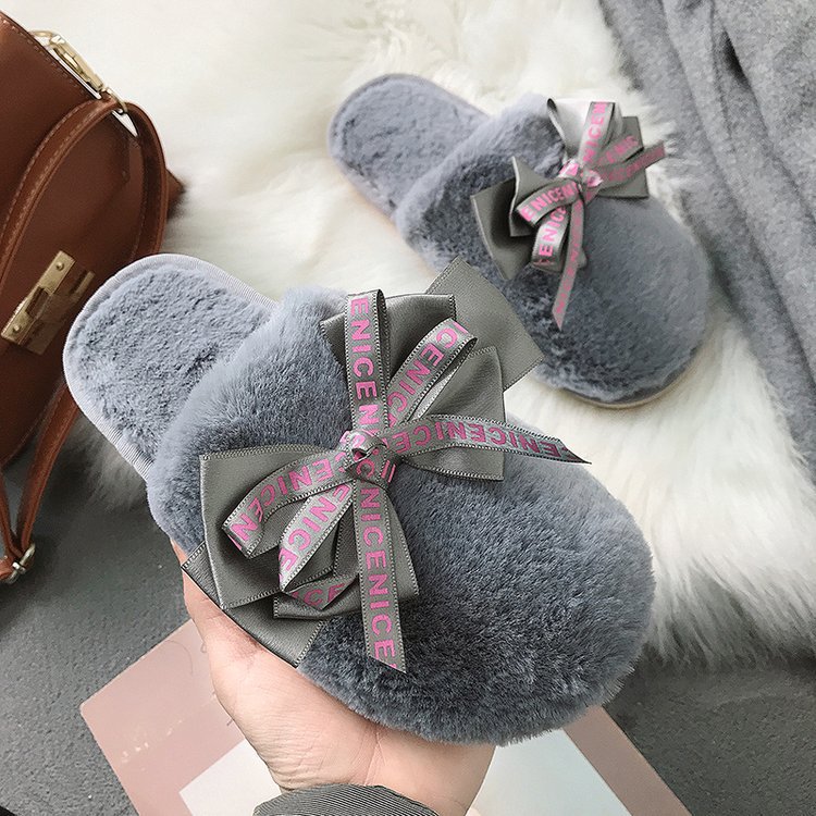 Bowknot Plush Indoor And Outdoor Cotton Slippers