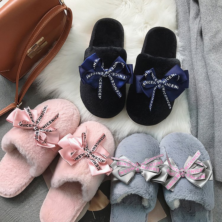 Bowknot Plush Indoor And Outdoor Cotton Slippers