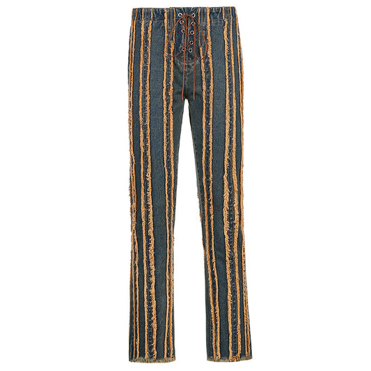 Mid-Rise Fashion Jeans With Raw Edges And Straps