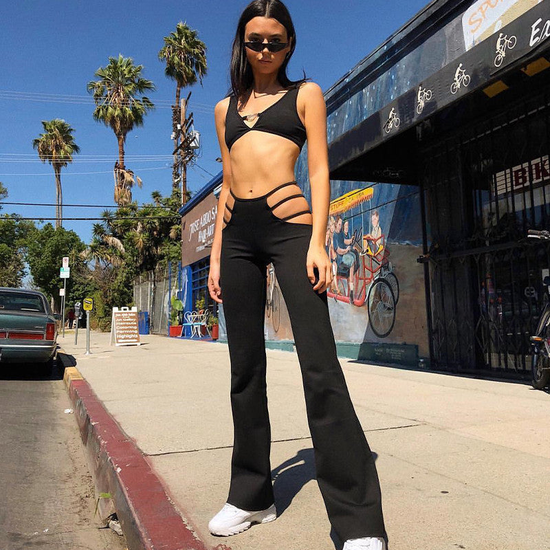 Retro Hollow Design Sense Slim Punk Flared Pants