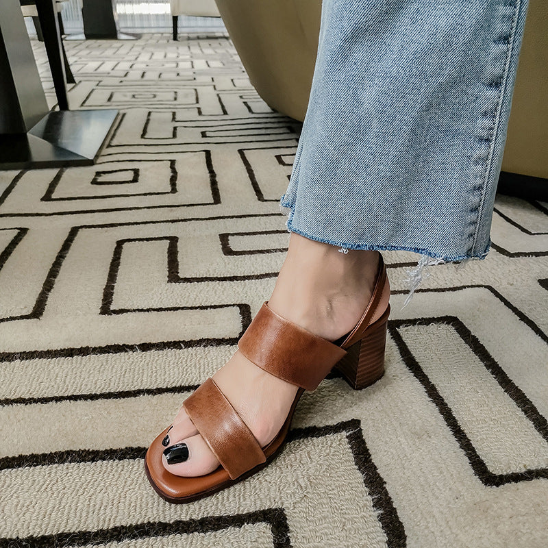 Sheepskin Wood Grain Chunky Heel Square Toe Buckle Sandals