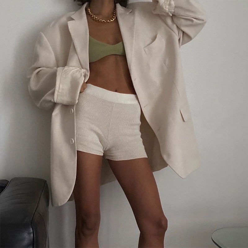 Bodycon Shorts Sweat Biker Knitted Sampic Black Mini White High-Waist Summer Cotton Casual