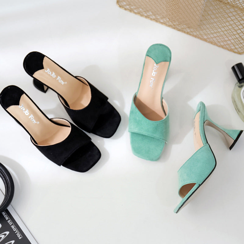 Suede Square Head Wine Glass With High-heeled Dress Catwalk Thick Heel OL Half Slippers