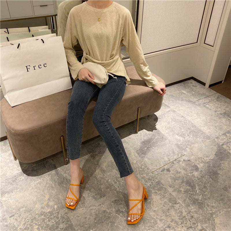 Square-toe Open-toe Slippers With Thin Straps And Thick High-heel Fashion One-word Sandals