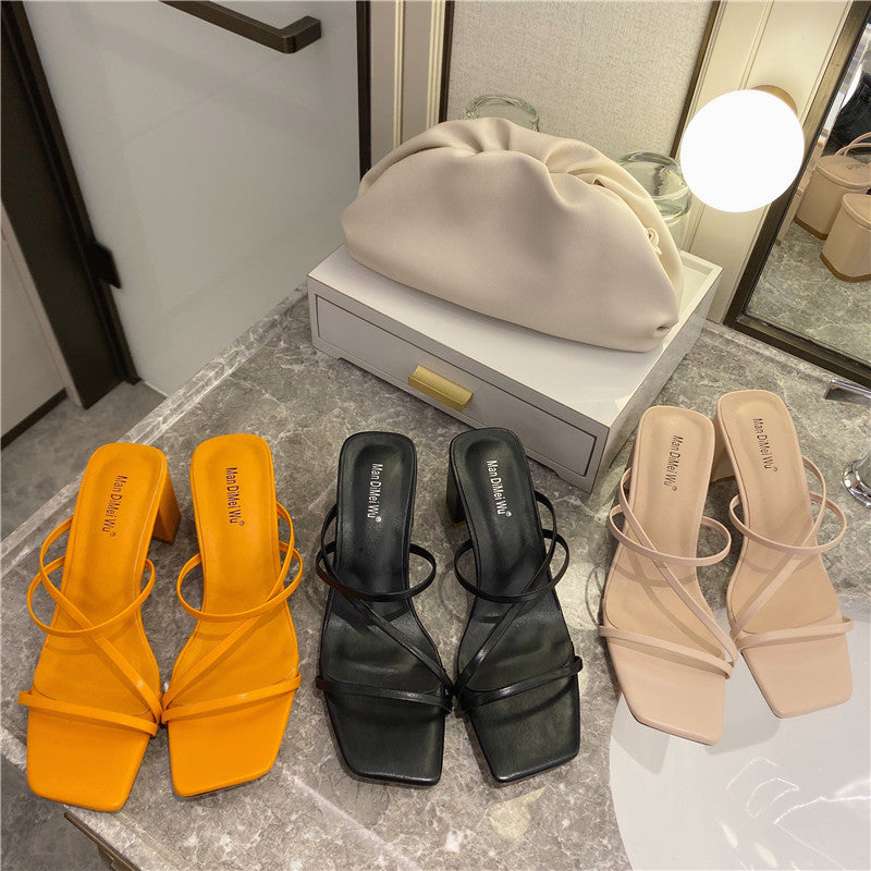 Square-toe Open-toe Slippers With Thin Straps And Thick High-heel Fashion One-word Sandals