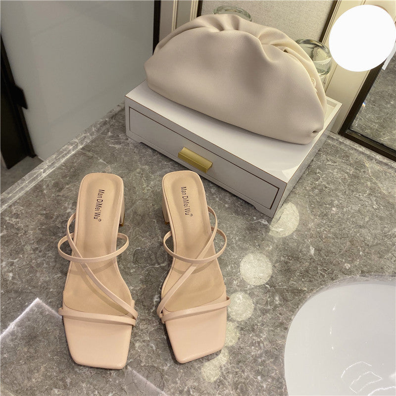 Square-toe Open-toe Slippers With Thin Straps And Thick High-heel Fashion One-word Sandals