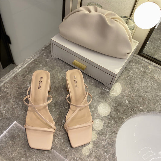 Square-toe Open-toe Slippers With Thin Straps And Thick High-heel Fashion One-word Sandals