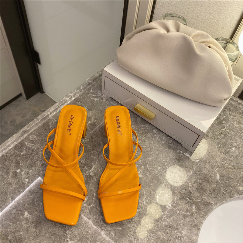Square-toe Open-toe Slippers With Thin Straps And Thick High-heel Fashion One-word Sandals