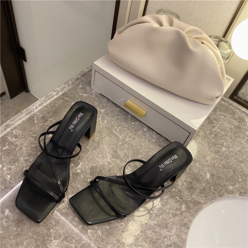Square-toe Open-toe Slippers With Thin Straps And Thick High-heel Fashion One-word Sandals
