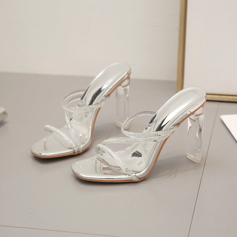 New Women's Shoes Thin Strap Thick High Heel Rhinestone Square Toe Roman Sandals