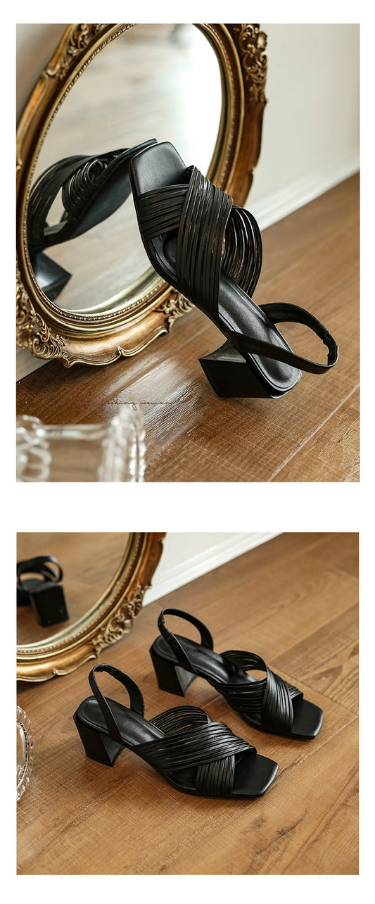 French Square Toe retro All-match Thick-heeled Brown High-heeled Sandals