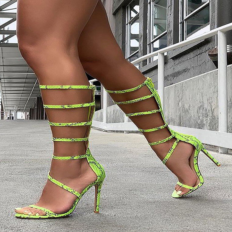New Slim Snake Print Hollow High Heel Roman Sandals