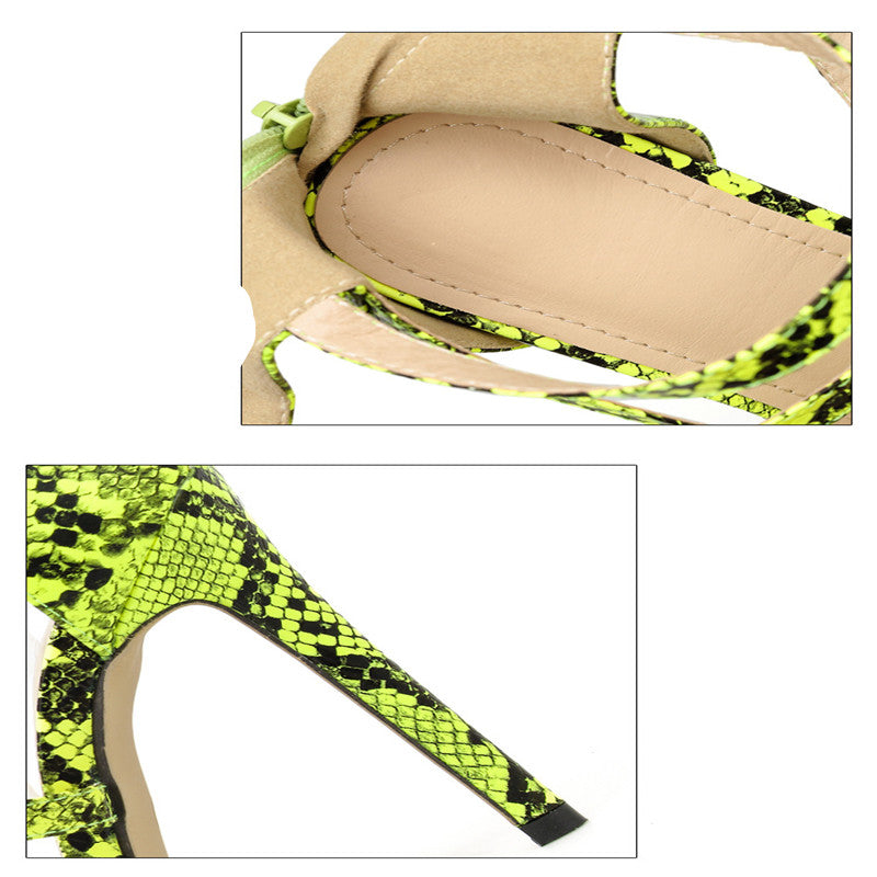 New Slim Snake Print Hollow High Heel Roman Sandals