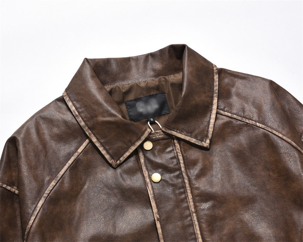 Distressed Lapel Leather Jacket Men's European And American