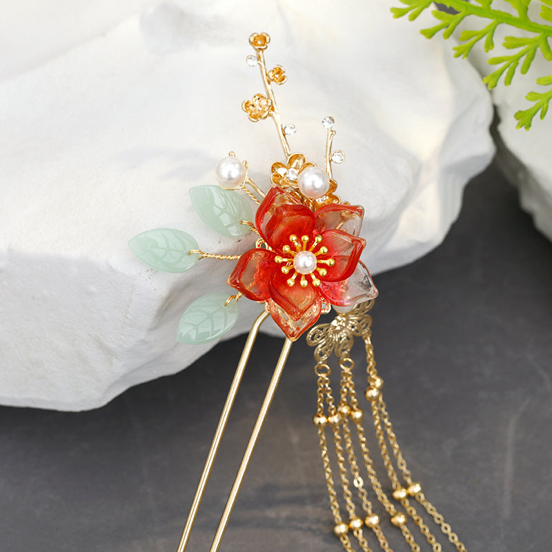 Fringed Red Imitation Jade Flower Hairpin