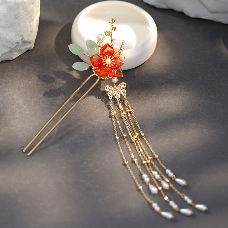 Fringed Red Imitation Jade Flower Hairpin