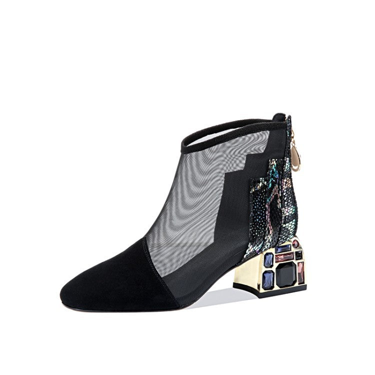 Hollow Women's Boots Thick Heel Square Toe Rhinestone Sexy High-top Sandals Net Boots