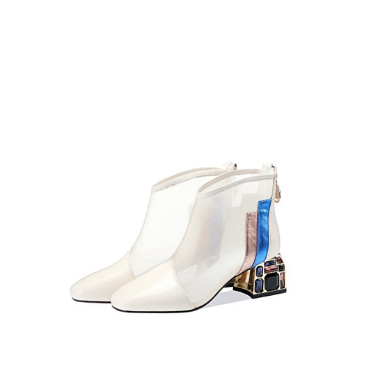 Hollow Women's Boots Thick Heel Square Toe Rhinestone Sexy High-top Sandals Net Boots