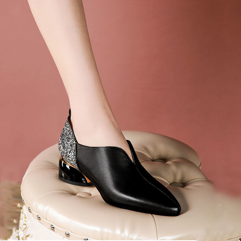 Pointed Thick Heel Moccasins Women's Mid-heel Shoes