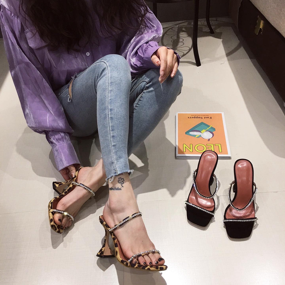 Wine Glass And Suede Leopard-print Rhinestone Sandals