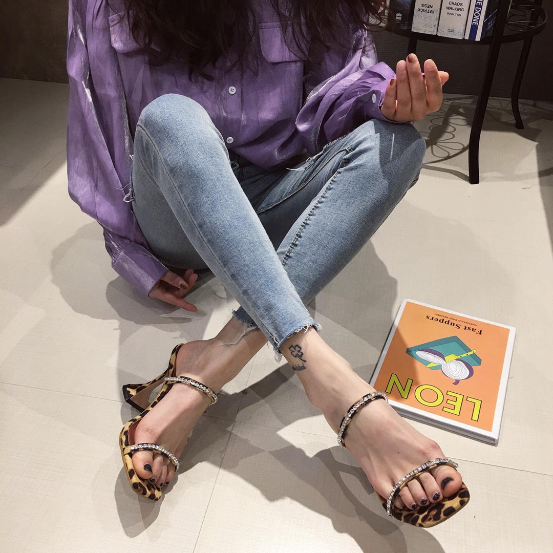 Wine Glass And Suede Leopard-print Rhinestone Sandals