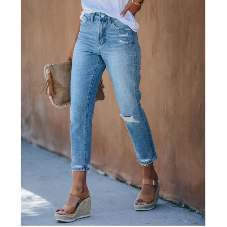 Lace-Up Women's Jeans And Pants With Ripped Holes