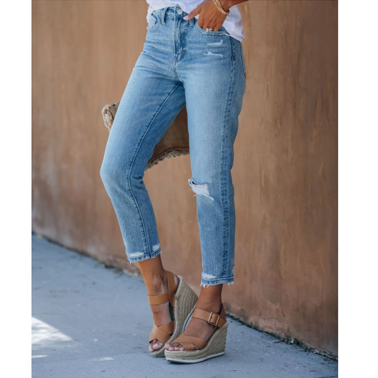 Lace-Up Women's Jeans And Pants With Ripped Holes