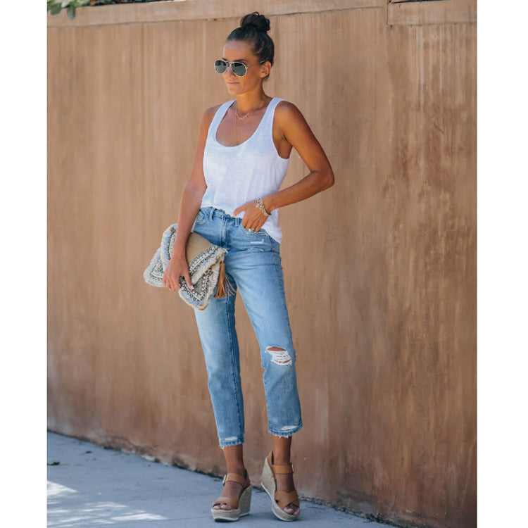 Lace-Up Women's Jeans And Pants With Ripped Holes
