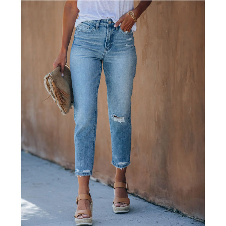Lace-Up Women's Jeans And Pants With Ripped Holes