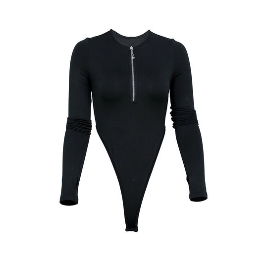 Solid Color Plus Velvet Long-Sleeved Zipper Round Neck High-Fork Bodysuit
